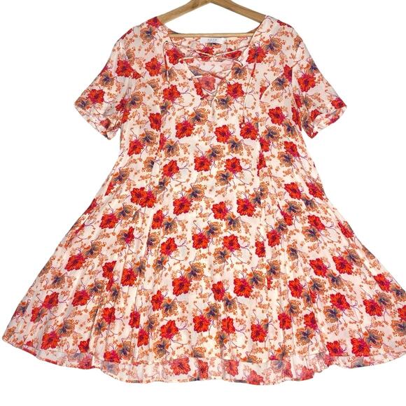 ASTR Floral Mini Dress Women L Hibiscus Lace Up Tropical Cottagecore Beachy Boho - Picture 2 of 8